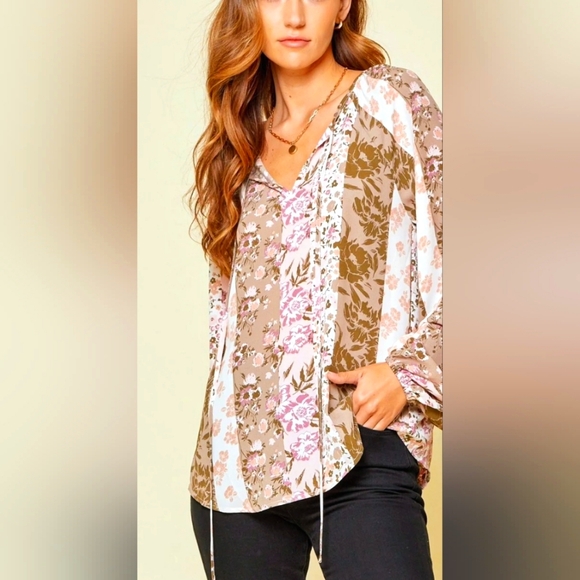 Andree By Unit Mixed Print Floral Peasant Top Blouse - Picture 1 of 9
